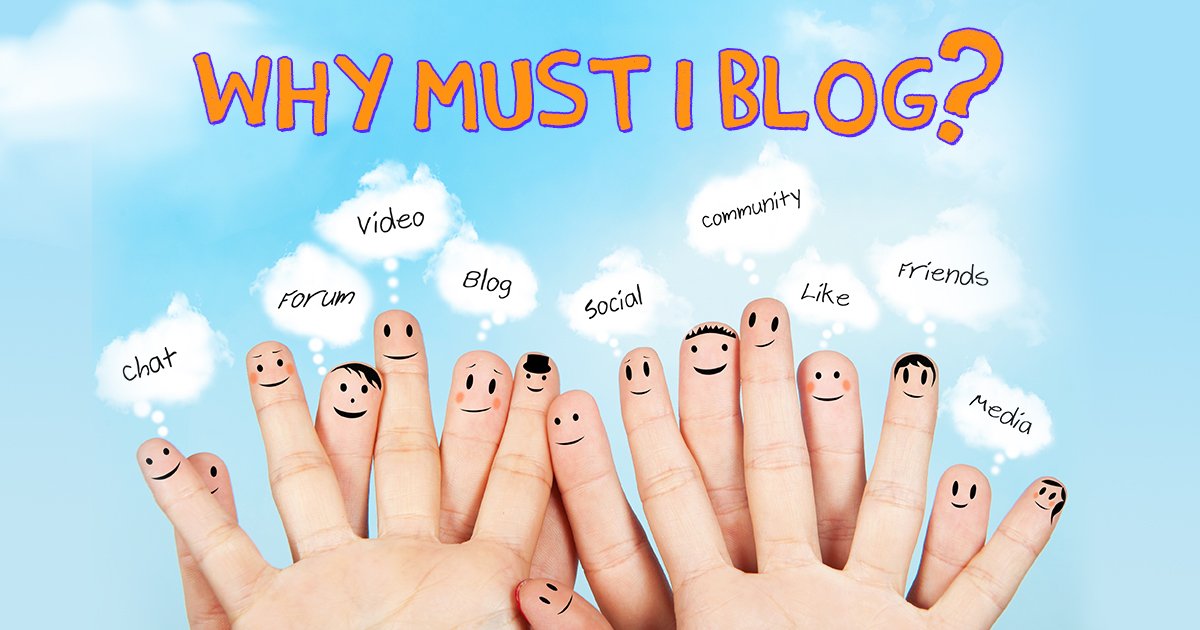 Fingers with faces and words with different kinds of content and text -WHy must I blog?