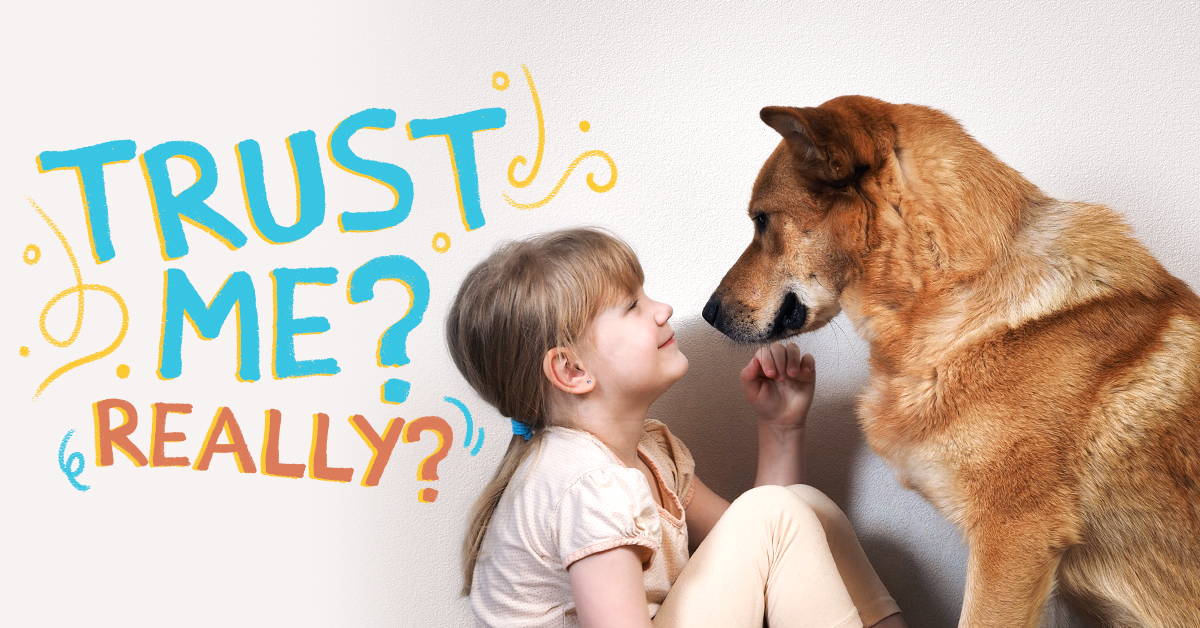 Image of girl and dog with the text Trust Me? Really? Showing concept that a good marketing copywriter is good to build trust