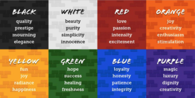 eight different colours of text listing the emotions that each colour inspires in good logo design
