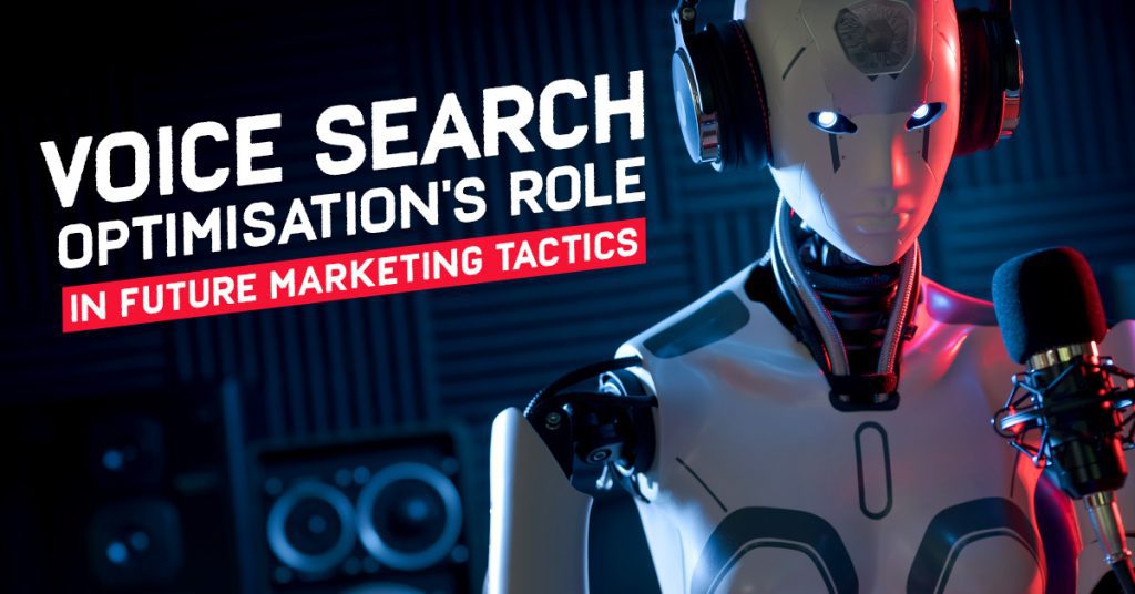 A robot on a black background speaking into a microphone with the text caption: Voice Search Optimisation's Role in Future Marketing Tactics
