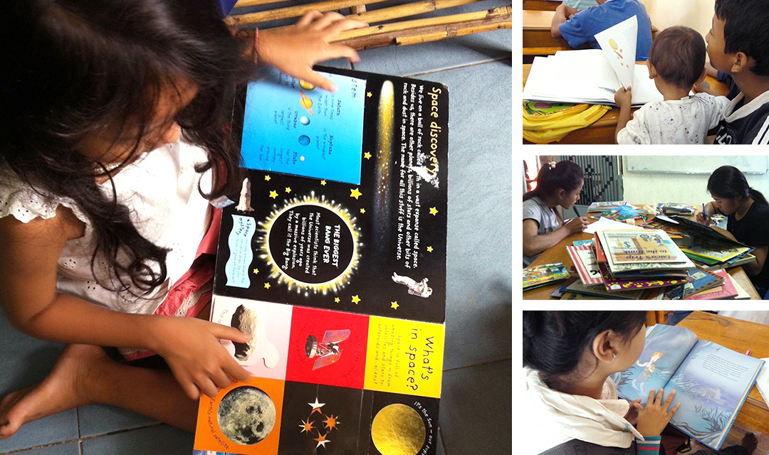 Collage images of children in Cambodia reading books