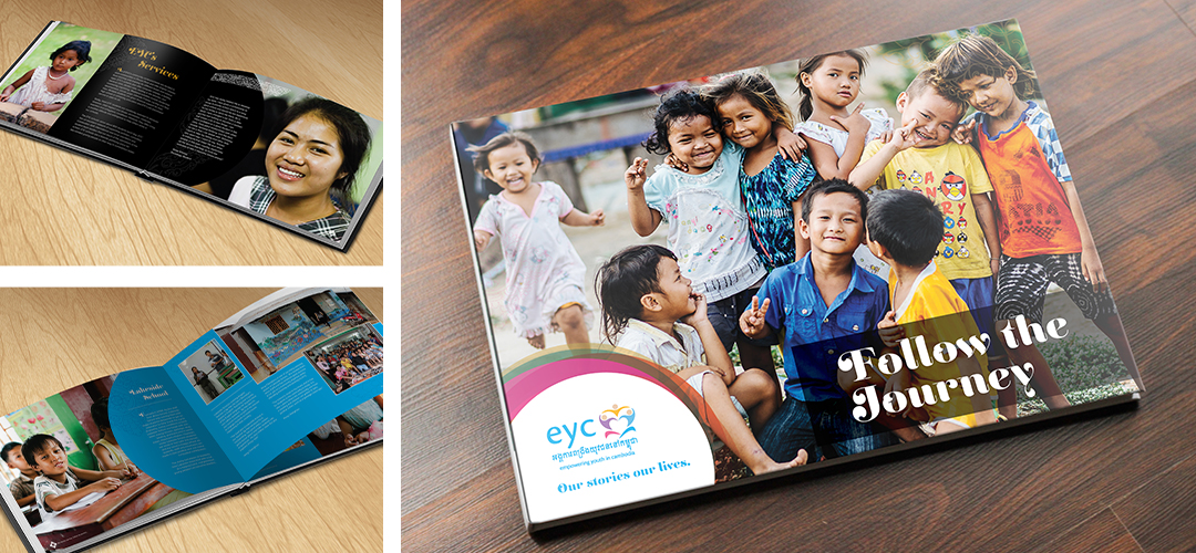 Mockup images of a hardbound book about the EYC Follow the Journey