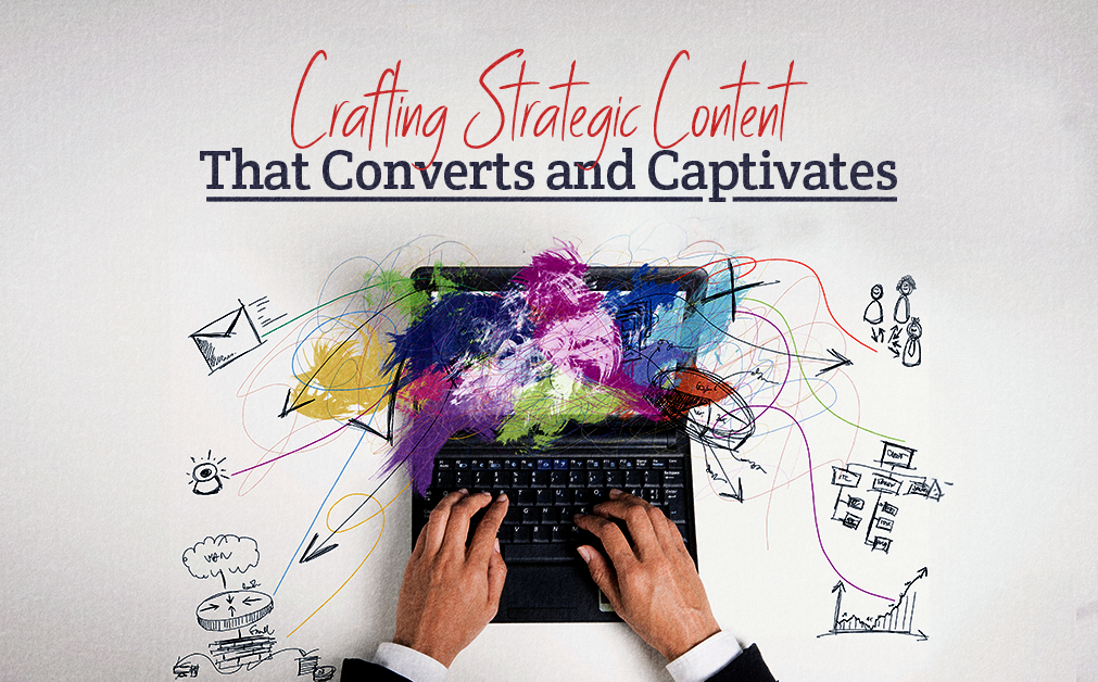 Image showing a person typing on a laptop, with colorful, abstract scribbles emerging from the screen. Various doodles and icons surround the scene, representing ideas, creativity, and planning. The text above the image reads 'Crafting Strategic Content That Converts and Captivates,' in a mix of red and black fonts.