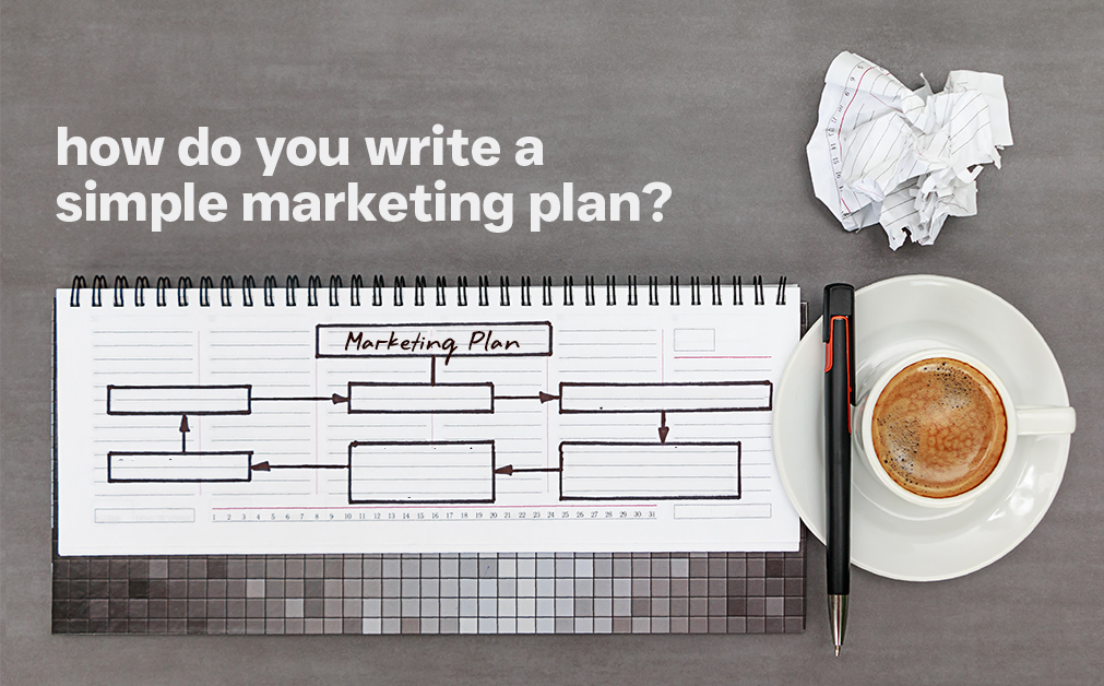 Overhead view of a spiral-bound notepad labeled “Marketing Plan” with hand-drawn boxes and lines outlining a plan. A small coffee cup on a saucer, a pen, and a crumpled piece of paper sit to the right. The question “how do you write a simple marketing plan?” appears in white text at the top left.