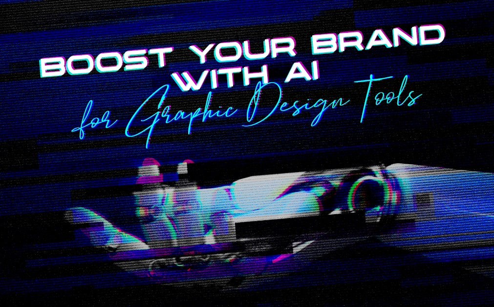 A robotic hand reaching out beneath bold neon text that reads "Boost Your Brand with AI" and cursive blue text underneath saying "for Graphic Design Tools," set against a dark, glitchy, digital background.
