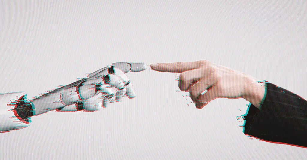 A robotic hand and a human hand reaching toward each other with index fingers nearly touching, resembling Michelangelo's "The Creation of Adam," with a digital glitch effect over a plain light background.